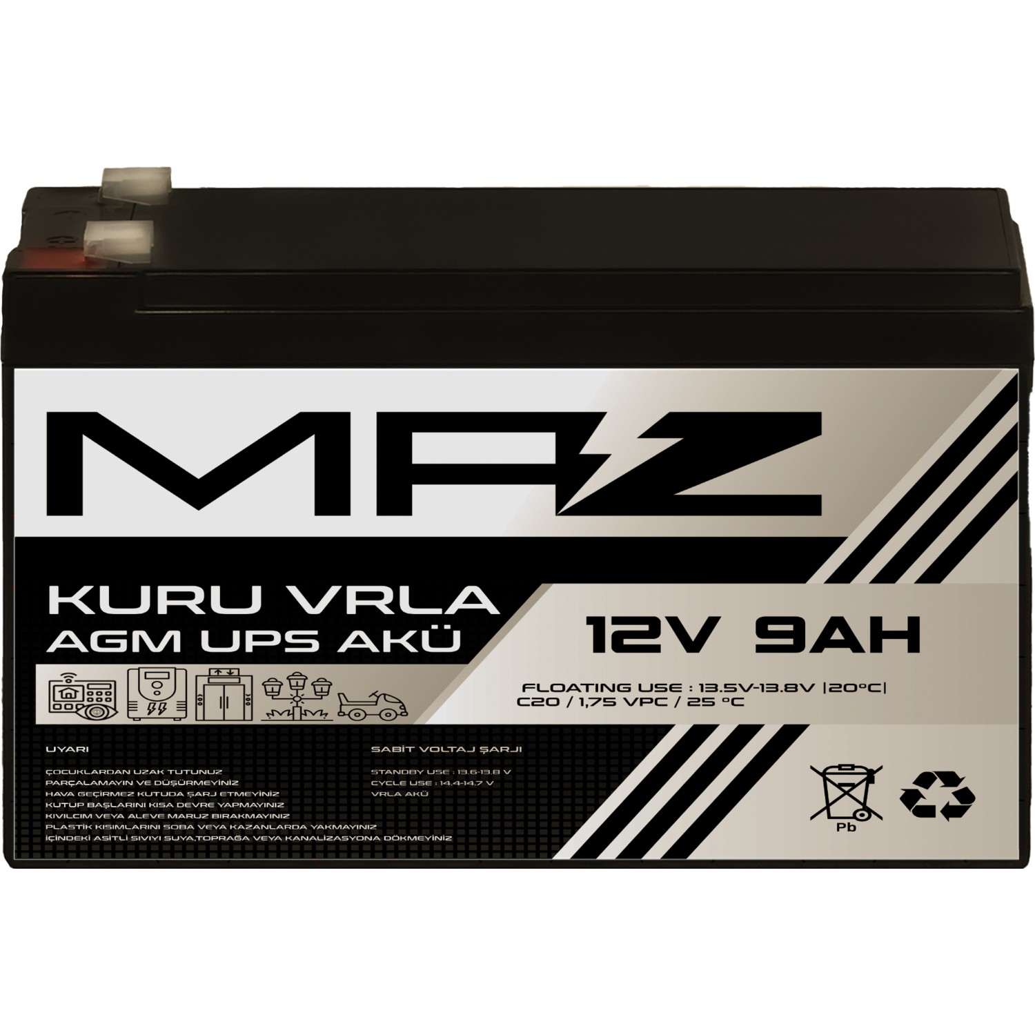 110000486862969-2.jpg Maz Akü 12 Volt 9 Amper (Ah) Kuru Agm Vrla Güç Kaynağı Ups Akü - Görsel 1