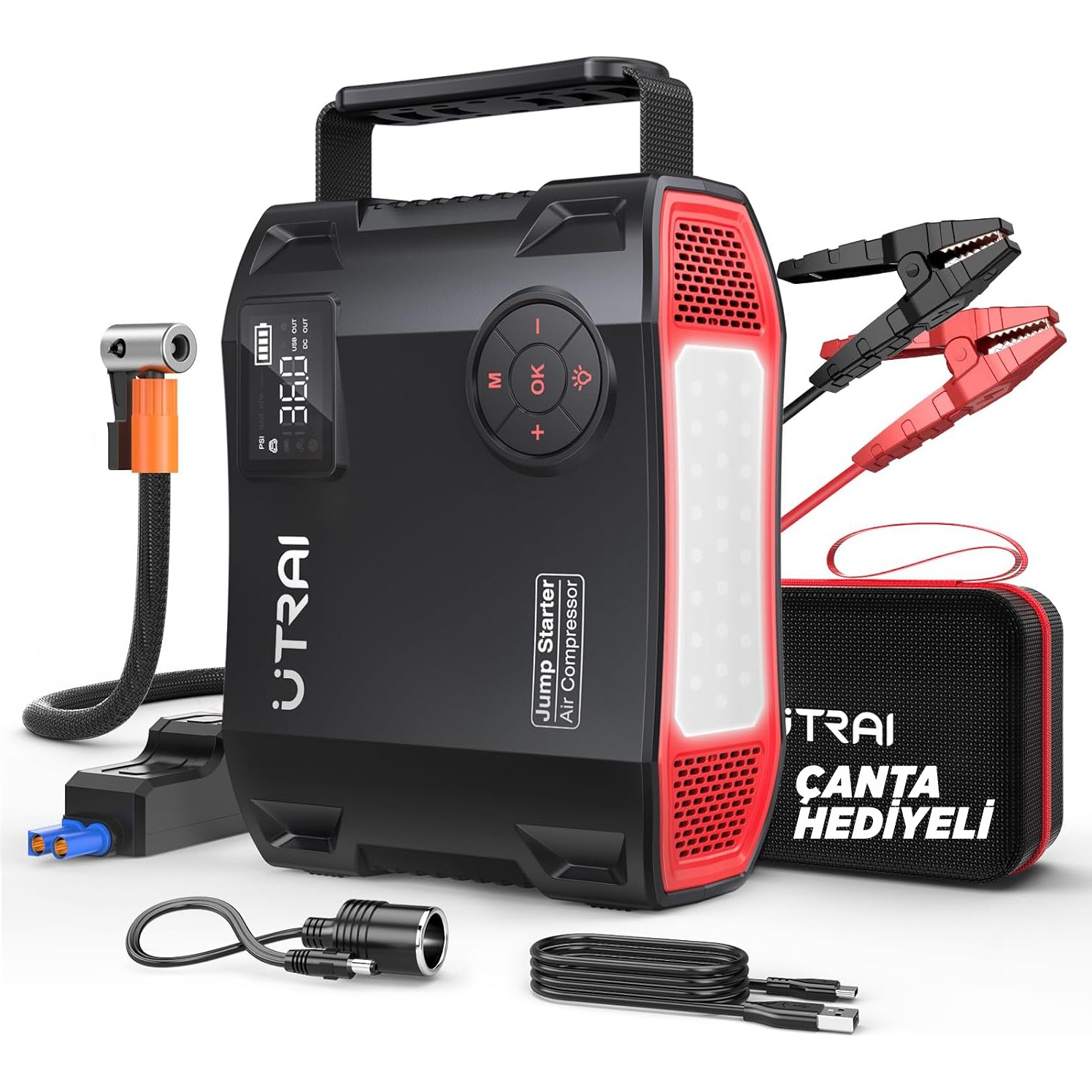 110000562331461.jpg Ütraı Utraı Jstar 5 24000MAH 2000A Jump Starter Taşınabilir Akü Takviye Cihazı + Lastik Şişirme Hava Kompresörü ( Çanta + LCD Ekran + Powerbank + LED Lamba) - Görsel 1