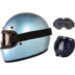 Ebakbak Motosiklet Retro Kask Harley Cafe Racer Vespa Modüler ve Anti Uv Gözlüklü Motor Kaskı Turkuaz