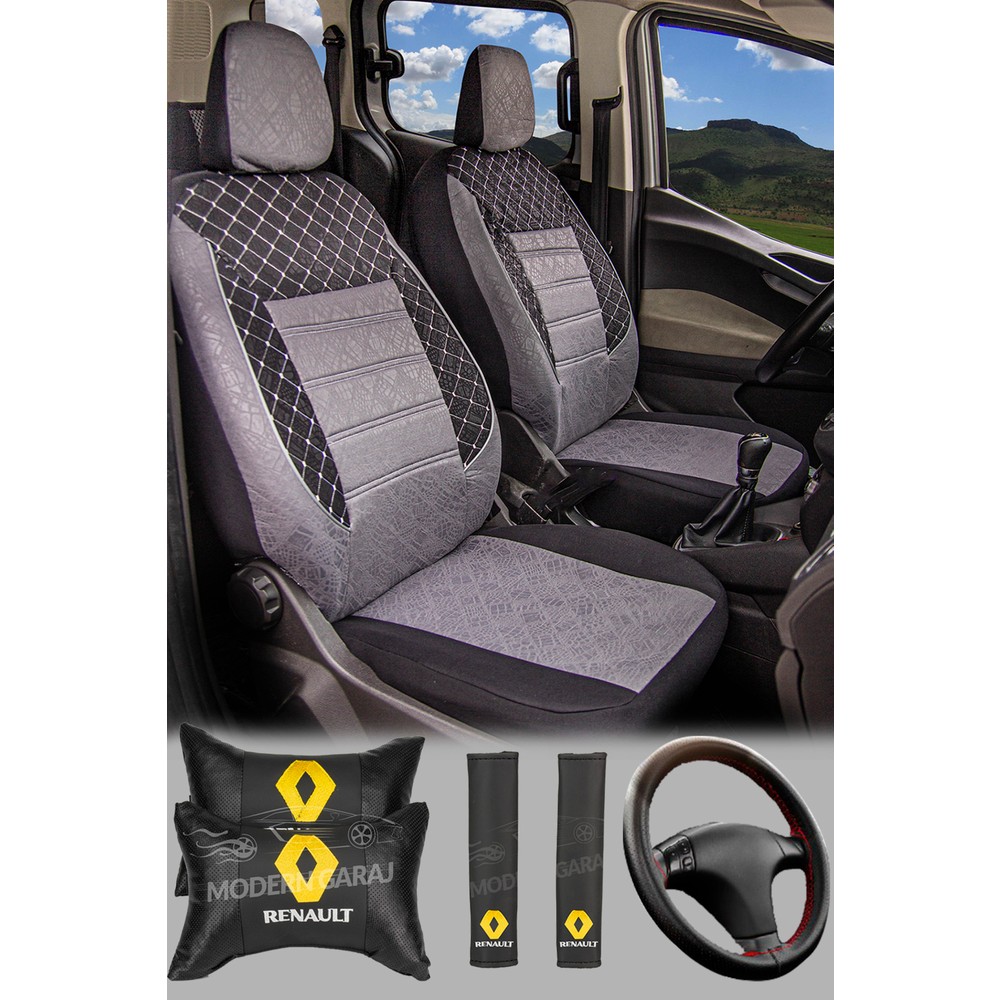 110000789276269.jpg Modern Garaj Renault Clio 1-2-3-4, Symbol, Fluence, Megane 1-2-3 Broadway, Toros, Uyumlu Ön Arka Tam Set Gofrajlı Oto Koltuk Kılıfı Seti - Görsel 1