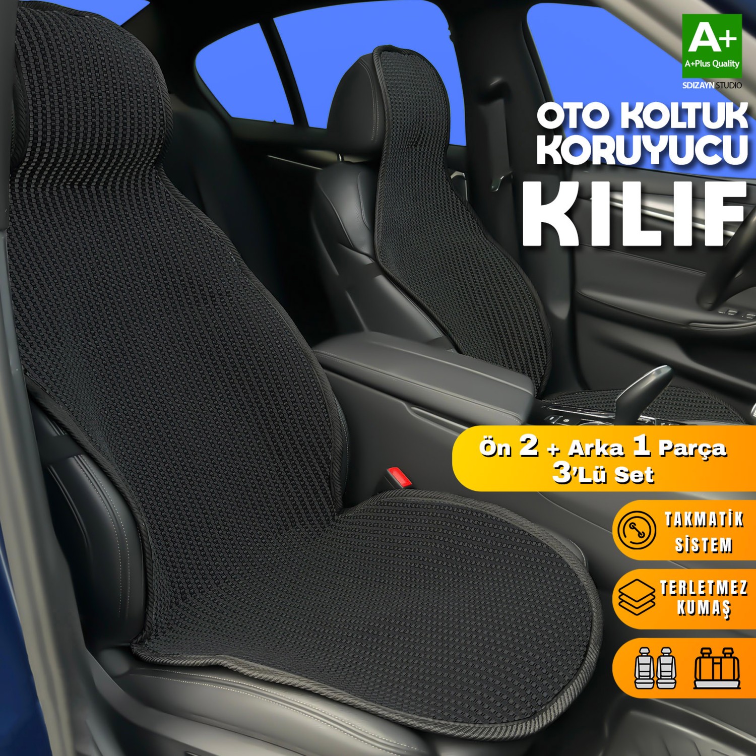 110000793628740.jpg S-Dizayn Oto Koltuk Koruyucu Kılıf Siyah Universal 2+1 Parça Ön Arka A+ Kalite - Görsel 1