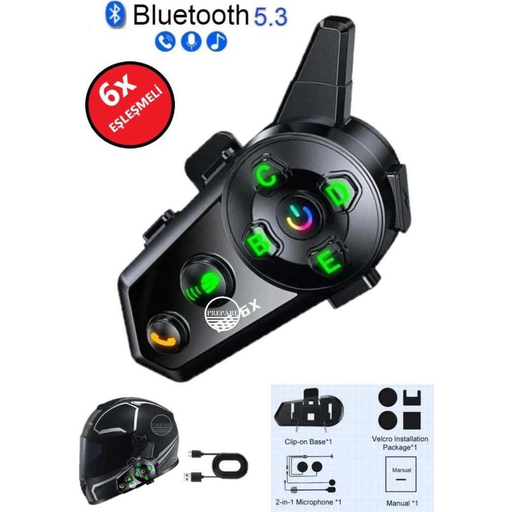110000812483697.jpg Prepare 500 mt Intercom 6 Eşleşmeli Müzik Paylaşımlı Kask Kulaklık D-2pr 6x Su Geçirmez Motosiklet Intercom - Görsel 1
