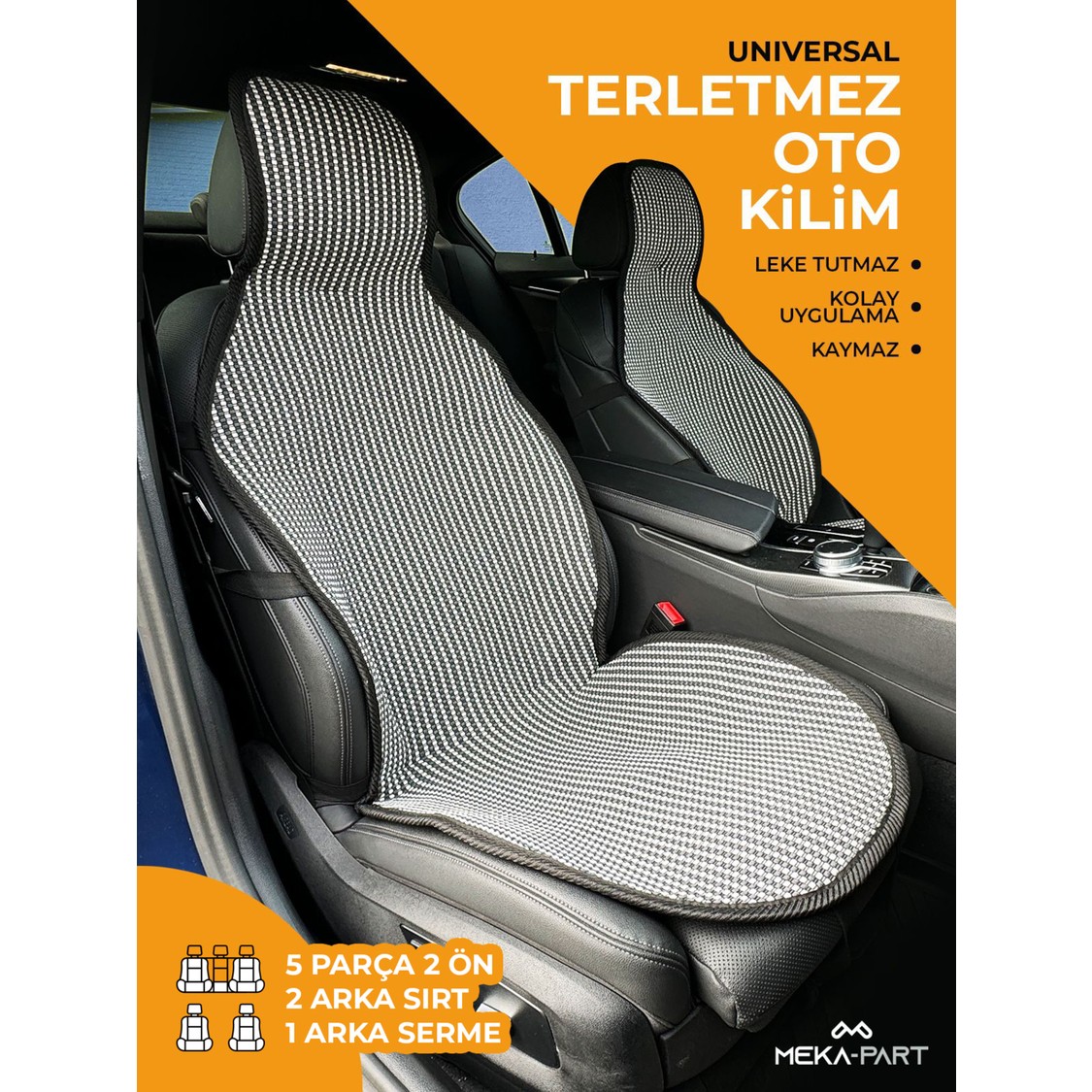 110000815121855.jpg Meka Part Oto Koltuk Koruyucu Kılıf 5 Parça Universal Çizgili Füme Beyaz 2+3 %100 Pamuk - Görsel 1