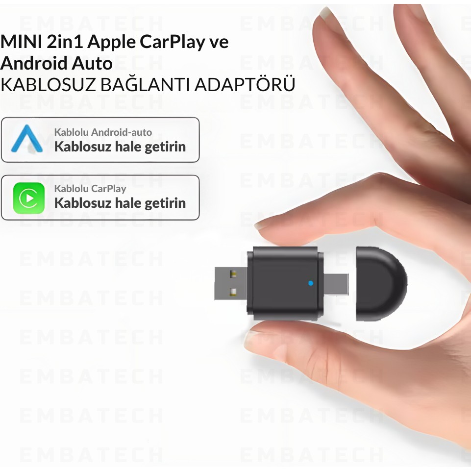110000858905516.jpg Embatech Araç Içi 2in1 Android ve Apple Cihazlar Için Kablosuz Android Auto ve Carplay Adaptörü - Görsel 1