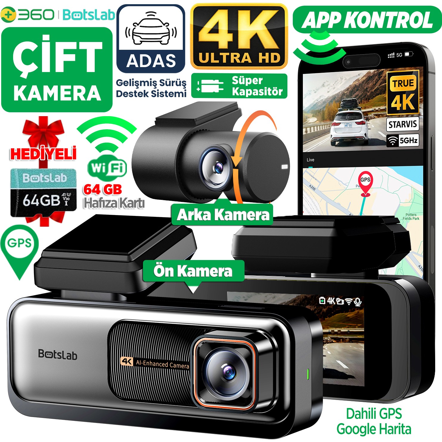 110000937762104.jpg Botslab 360+ G980H Pro ADAS Ön Gerçek 4K UHD Arka 2K QHD 170° Geniş Açı Lens Gece Görüşü Gps+WiFi Araç İçi Kamera (64GB HAFIZA KARTI HEDİYELİ) - Görsel 1