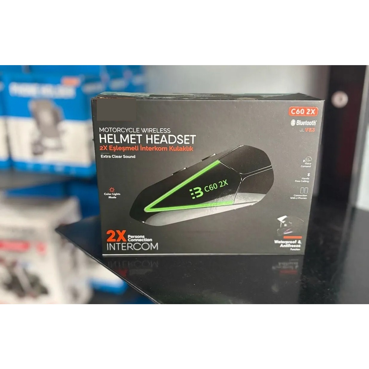 110001000793253.jpg Motosiklet Kask Kulaklık C60 2x ,100METRE 2 Cihaz Bağlanabilme Özellikli Interkom LED Işıklı - Görsel 1