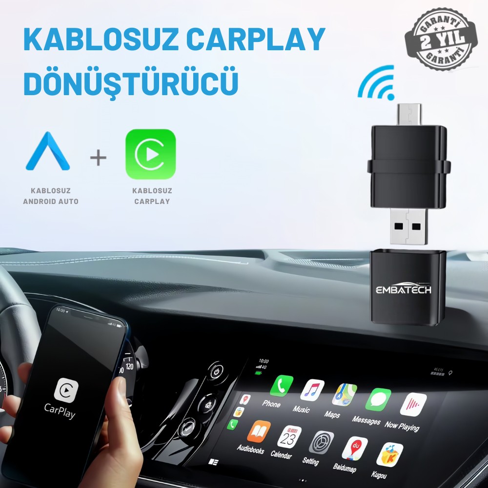 110001018072088.jpg Embatech Araç Içi 2in1 Android ve Apple Cihazlar Için Kablosuz Android Auto ve Carplay Adaptörü (EMT-006) - Görsel 1