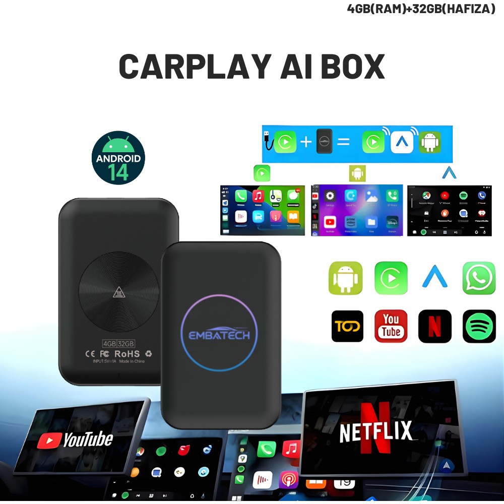 110001020602754.jpg Embatech Carplay Ai Box 4GB+32GB Youtube,netflix,google Play & Kablosuz Carplay&android Auto- Android 14 - Görsel 1