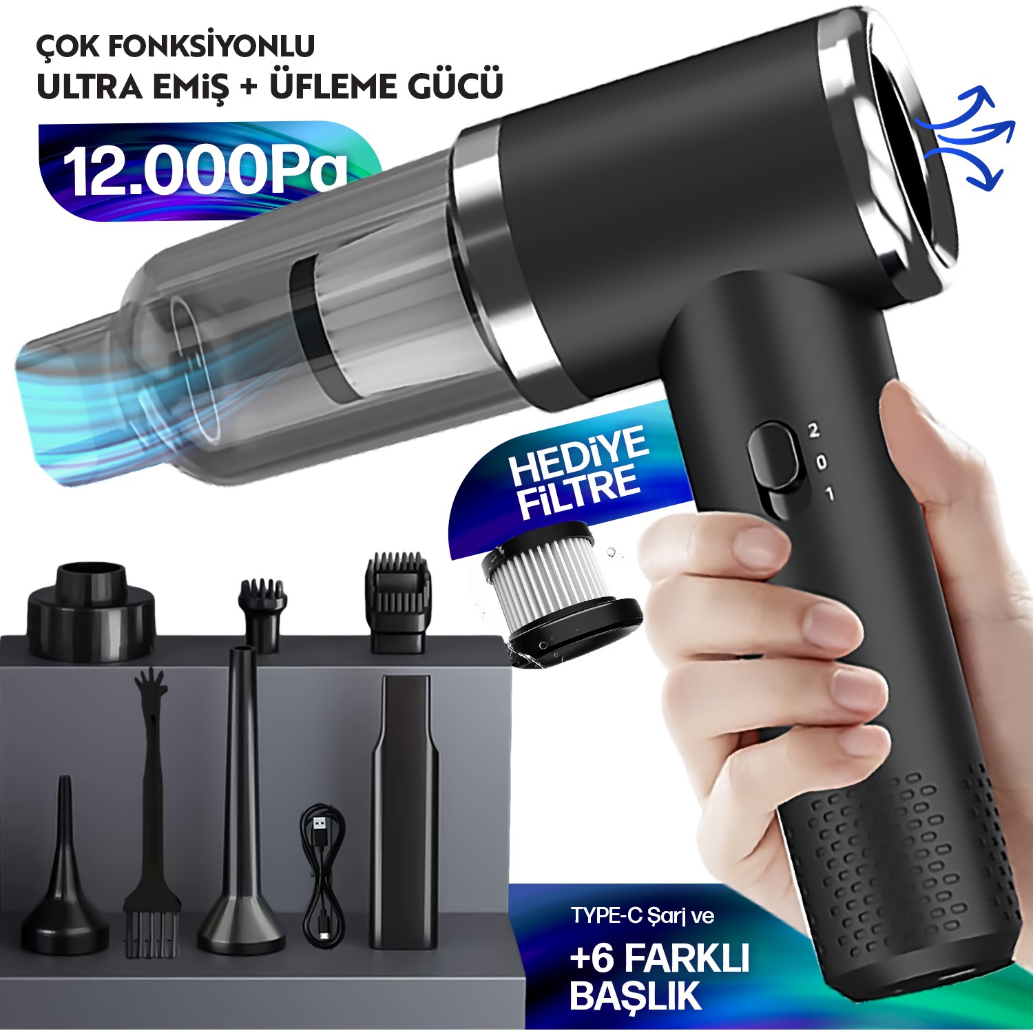 110001026288538.jpg Enkado 12000PA Güçlü Vakum 2in1 Kablosuz Taşınabilir Şarjlı Araç Süpürgesi ve Hava Üfleyici 2 Kademeli Mini Araç Içi Süpürge - Görsel 1