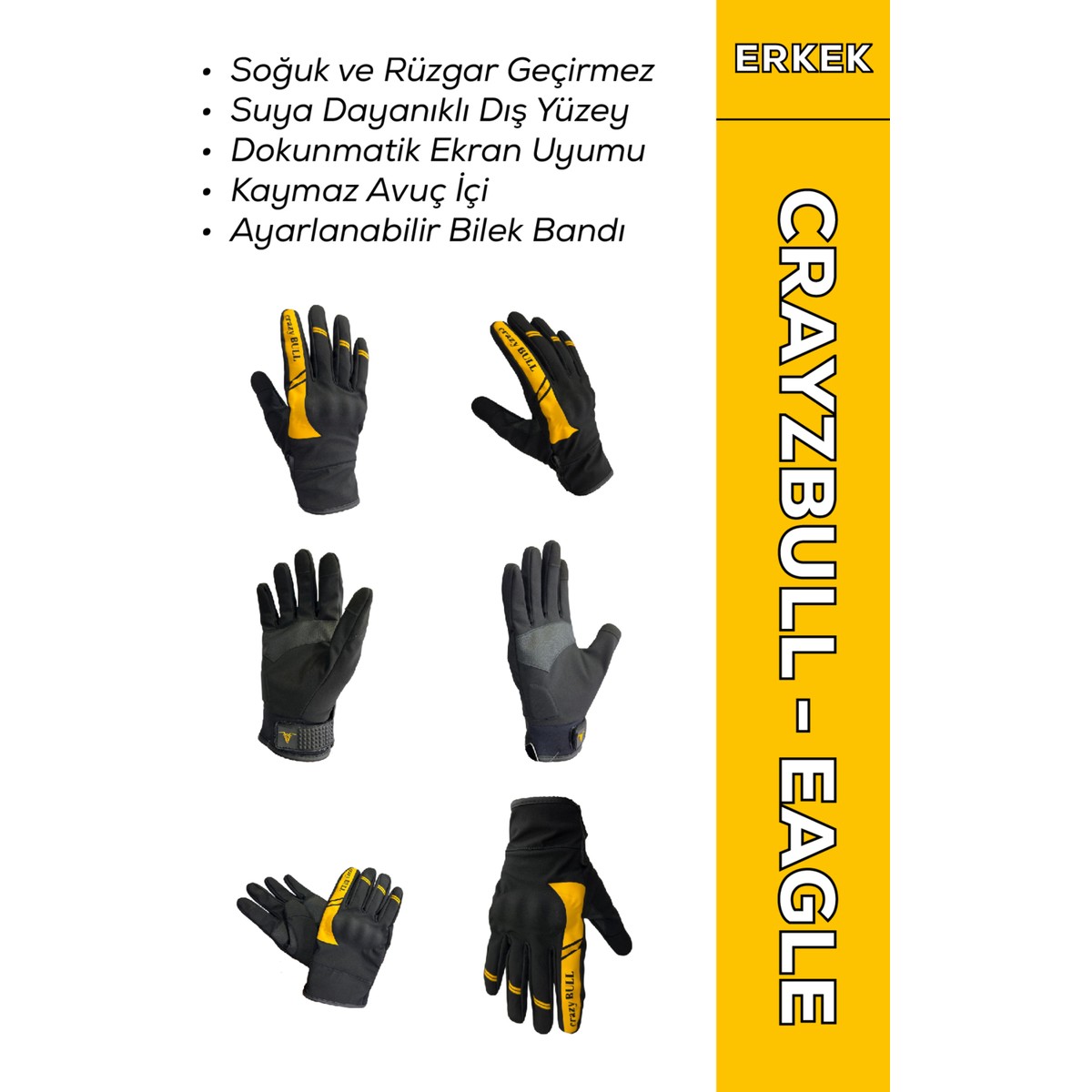 110001255923694.jpg Motokit Crayzbull Eagle Sarı / Su ve Rüzgar Geçirmez Kışlık Erkek Motosiklet Eldiveni - Görsel 1