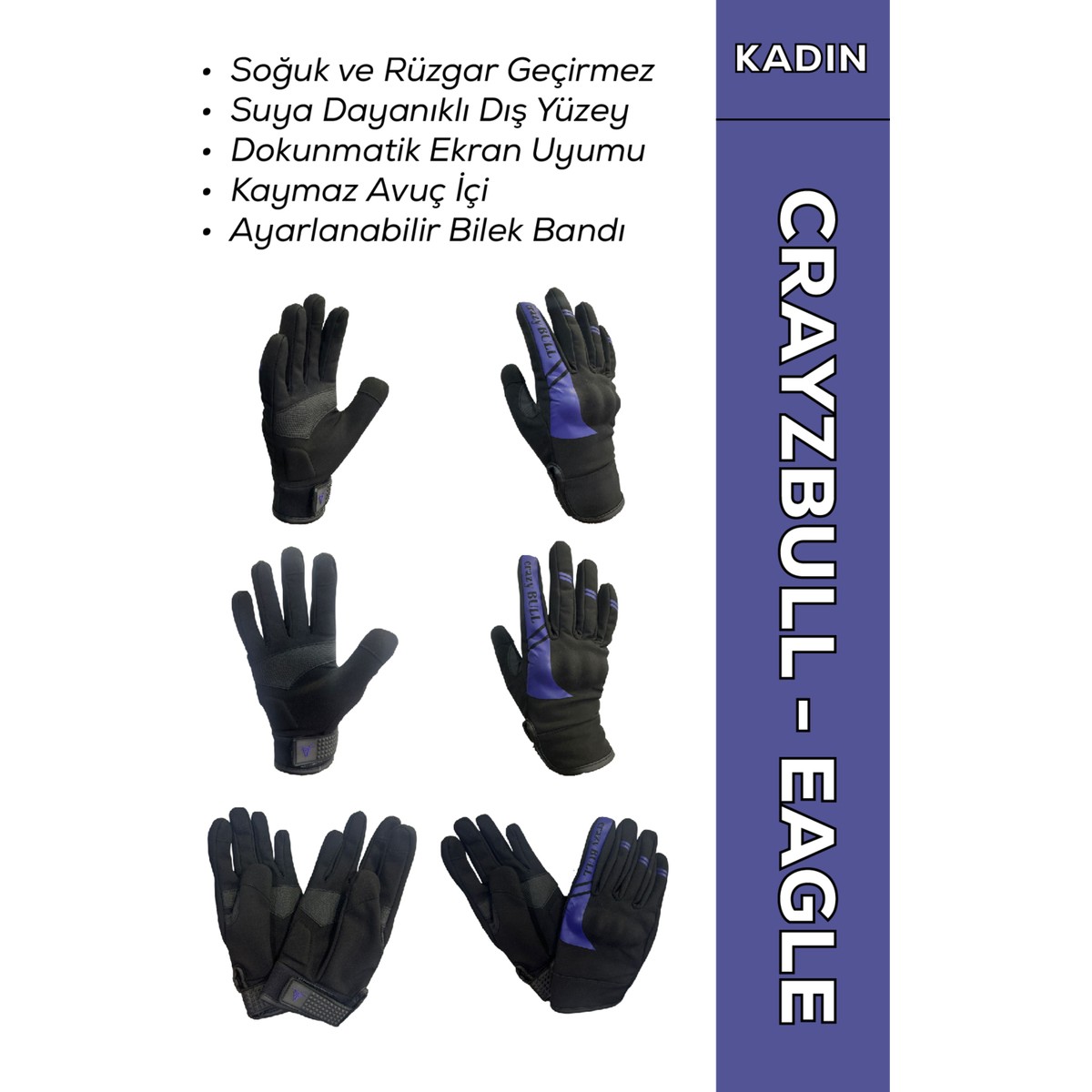 110001261209832.jpg Motokit Crayzbull Eagle Mor Su ve Rüzgar Geçirmez Kışlık Kadın Motosiklet Eldiveni - Görsel 1