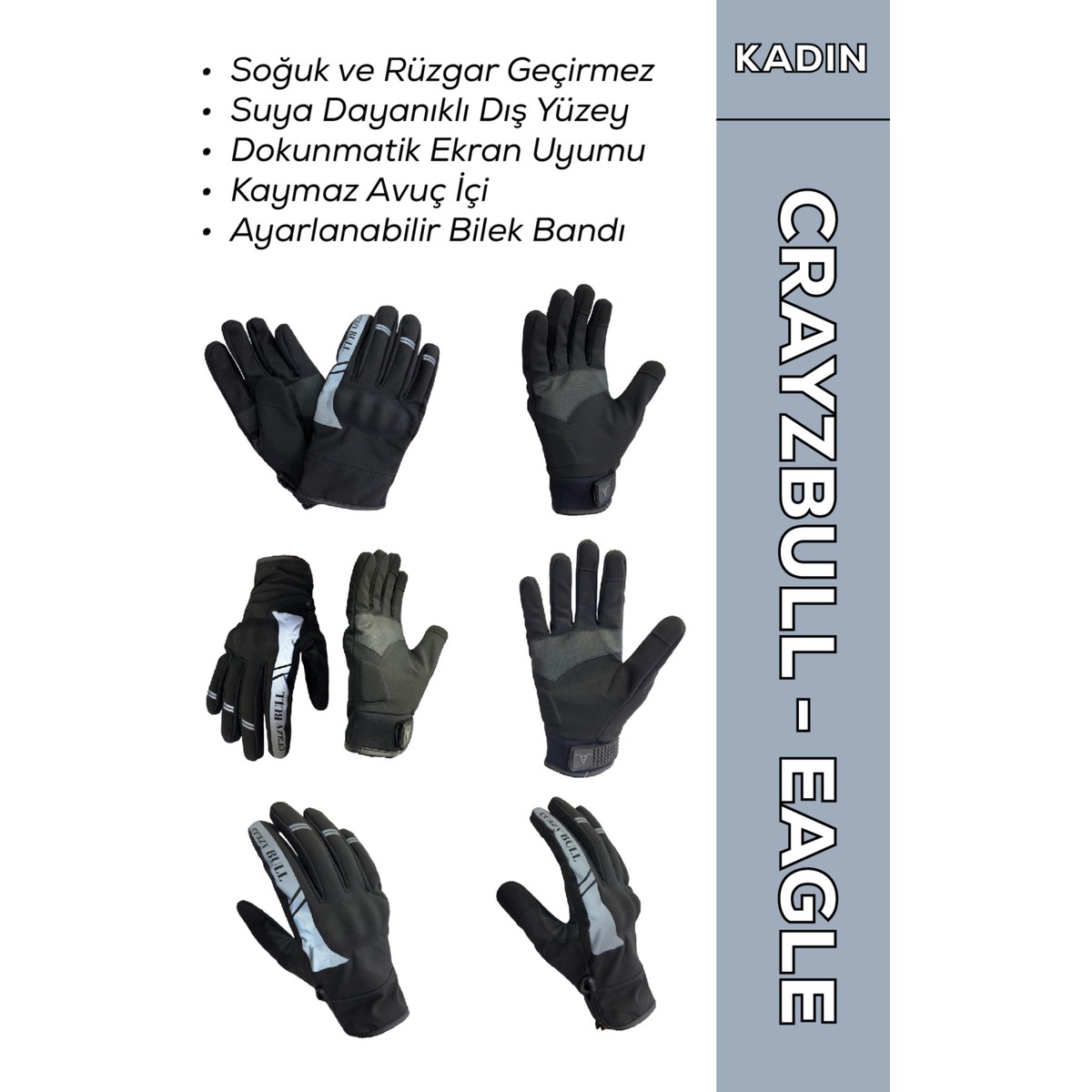 110001261224108.jpg Motokit Crayzbull Eagle Gri Su ve Rüzgar Geçirmez Kışlık Kadın Motosiklet Eldiveni - Görsel 1